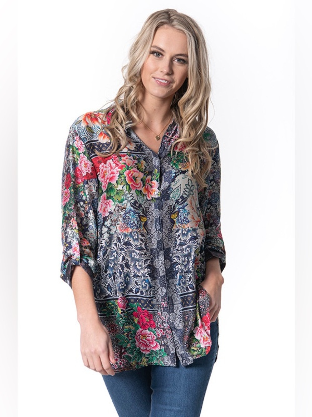 Cienna L blue floral silk blouse